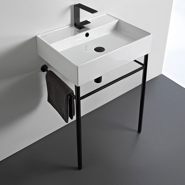Console Bathroom Sink, Scarabeo 8031/R-60-CON-BLK, Ceramic Console Sink and Matte Black Stand